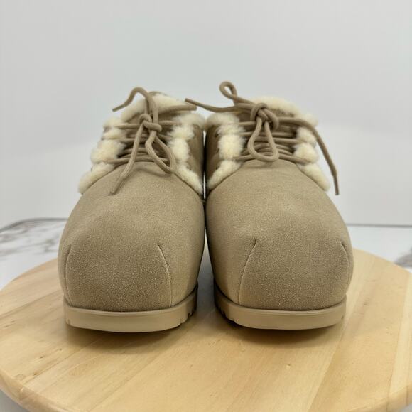 NEW UGG Size 6 Pumped Faux Fur Trim Mustard Seed Platform Suede Bootie Shoes - Picture 3 of 9